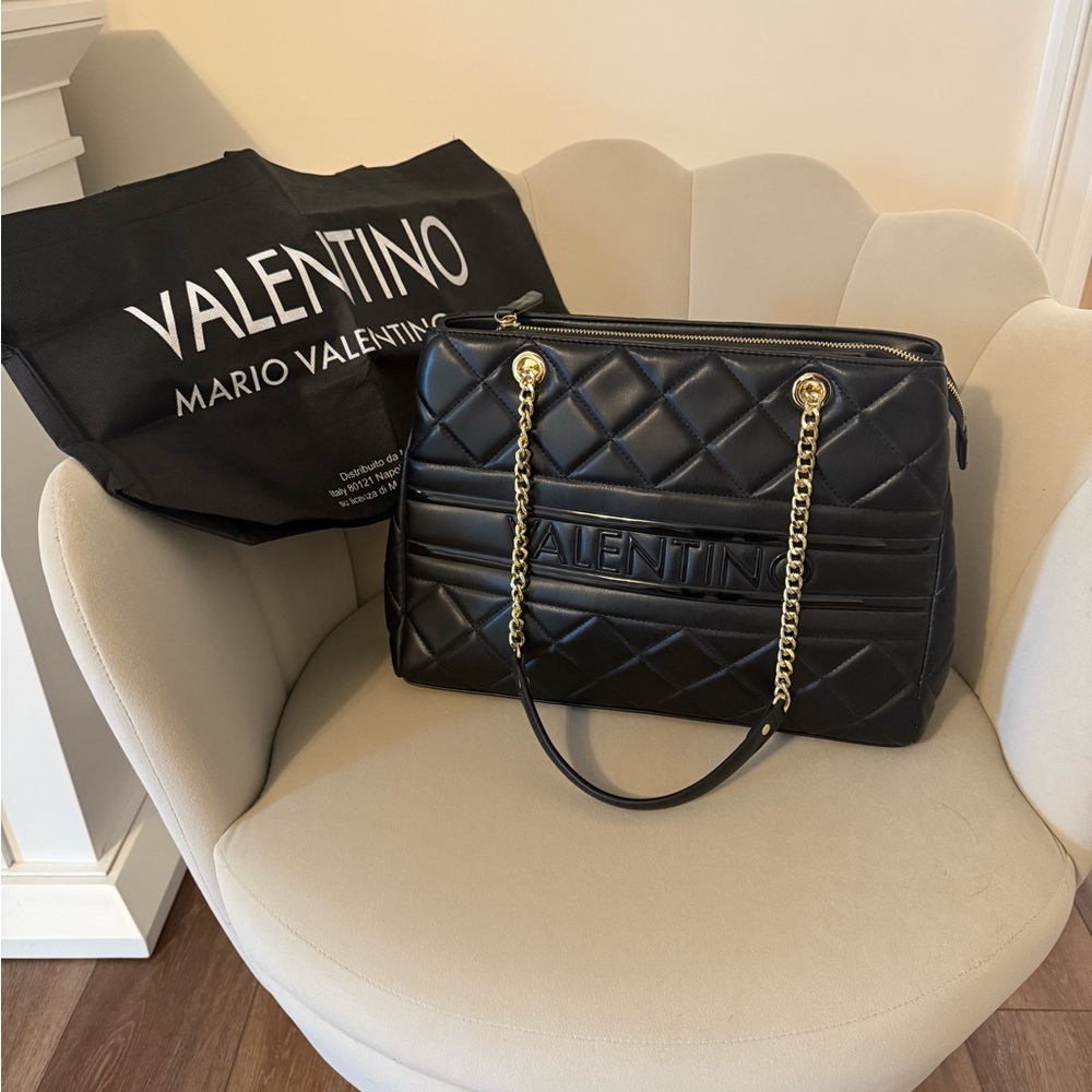 Mario Valentino Black Quilted Ada Leather Shoulder Bag with Gold Chain